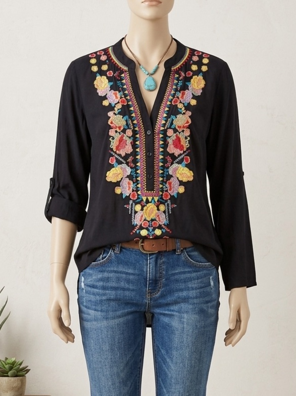 Solitaire Black Tunic with embroidered Boho V nevk. Optional roll up sleeve